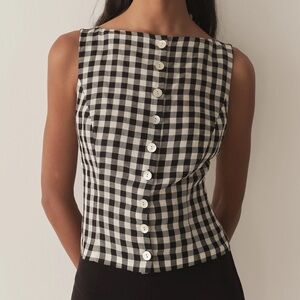 Doen Hayden Linen Button Boatneck Sleeveless Top Black Marilyn Gingham